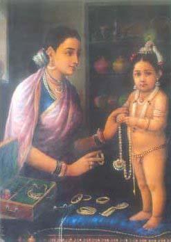 Raja Ravi Varma Yashoda decorating Krishna oil painting image